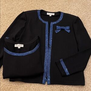 St. John Black Cardigan with Blue Trim